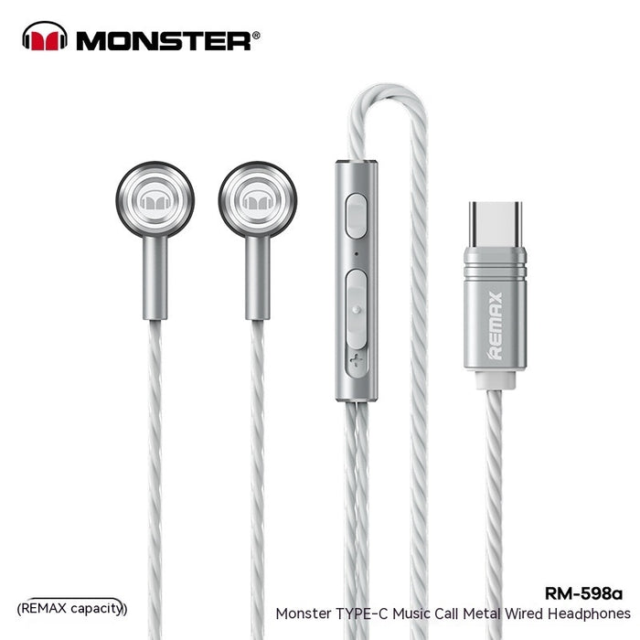 Monster Remax Metal In-Ears Earphone Tws Earbuds Wired Type-C Lightning Round Hole E-Sports Headphones For A Pple H Uawei Xiaomi