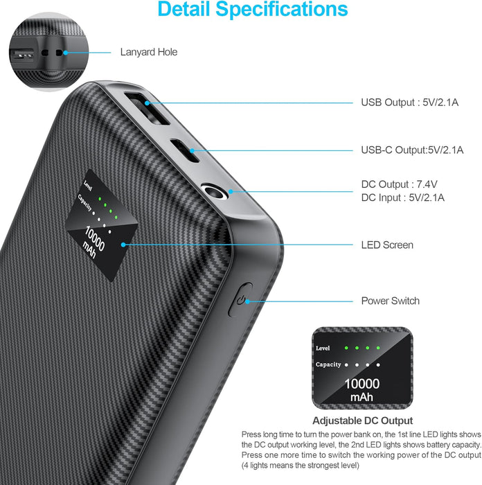 DC 7.4V and 5V 2A USB Power Bank for Heated Vest Heated Jacket Rechargeable Battery Pack 10000Mah Portable Charger for Iphone, Tablet Etc