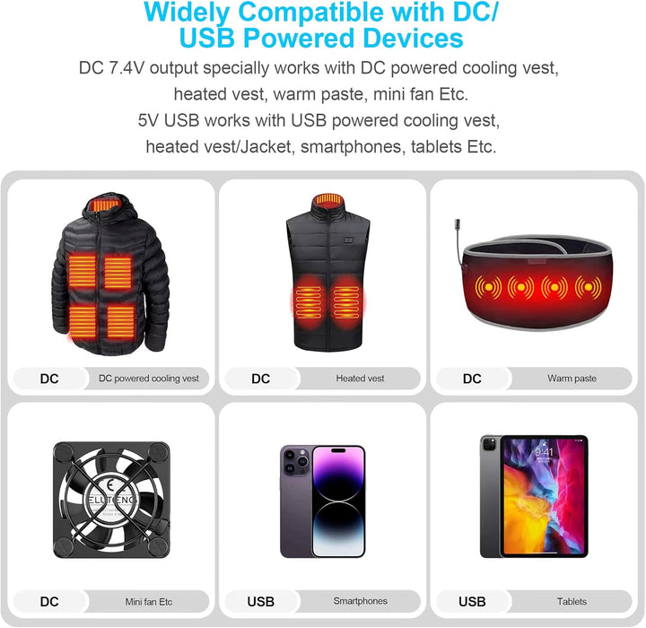 DC 7.4V and 5V 2A USB Power Bank for Heated Vest Heated Jacket Rechargeable Battery Pack 10000Mah Portable Charger for Iphone, Tablet Etc