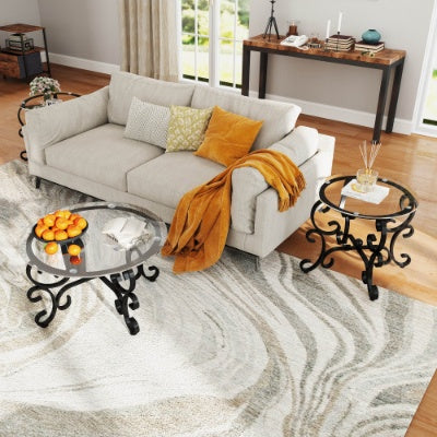 3 Piece Tempered Glass Surface Coffee Table Set, Decor Coffee Table Round End Side Table With Sturdy Construction For Living Room Rustic Black