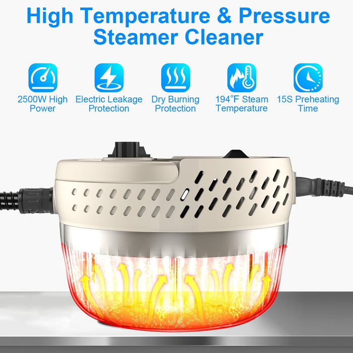 1Pc 2500W Handheld High Temperature And Pressure Steamer Cleaner With 1400ML Tank 9 Accessories 6 Steam Levels For Dirt Grease Grout Tile Floor Couch Car