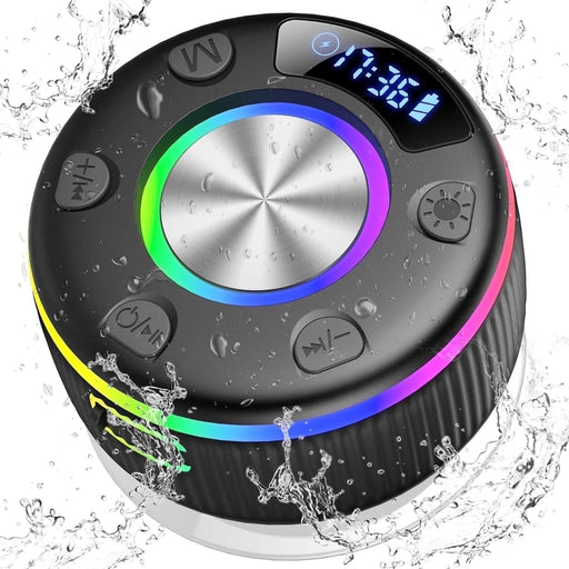 Shower Speaker, Bluetooth Speakers, IPX7 Waterproof Portable Speakers with LED Light, Speakers Bluetooth Wireless Loud Clear Sound, Suction Cup, Time Display for Home/Party/Outdoor/Beach, Gift