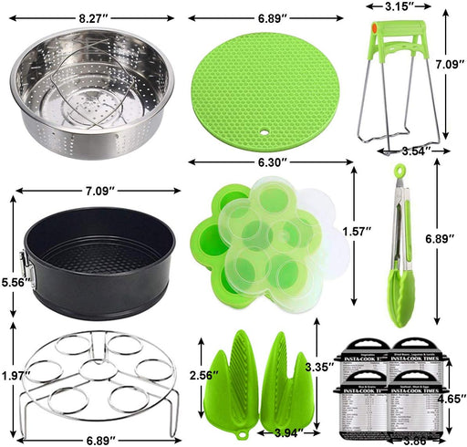 Accessories for Instant Pot 6 8 Qt, Steamer Basket, Springform Pan, Egg Steamer Rack, Egg Bites Mold, Dish Plate Clip, Kitchen Tong, Silicone Pad, Oven Mitts, Magnetic Cheat Sheets, Green