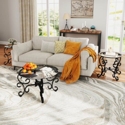 3 Piece Tempered Glass Surface Coffee Table Set, Decor Coffee Table Round End Side Table With Sturdy Construction For Living Room Rustic Black