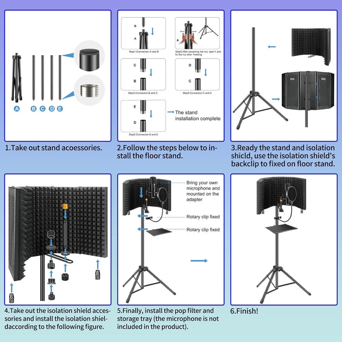 Microphone Isolation Shield with Pop Filter & Tripod Stand, Foldable Mic Shield