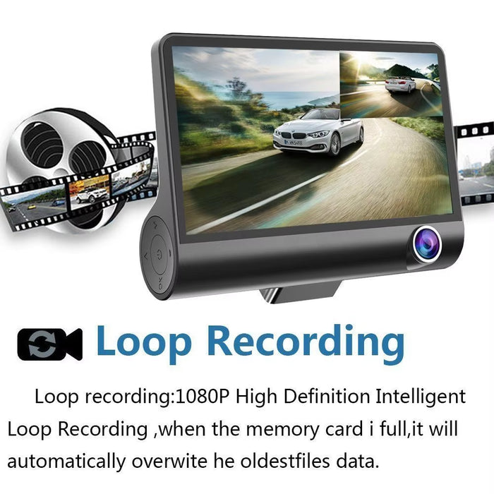 【Triple Lens System】4" 3-Channel Dash Cam - Front/Rear/Interior Car DVR with Night Vision, 24H Parking Mode, Loop Recording