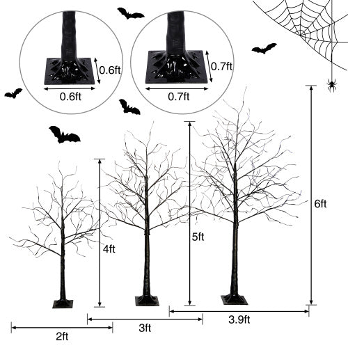 3 Pac Halloween Spooky Tree With Purple Lights, 4FT 5FT And 6FT, Lighted Black Tree For Halloween Decoration