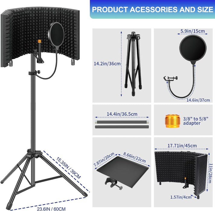 Microphone Isolation Shield with Pop Filter & Tripod Stand, Foldable Mic Shield
