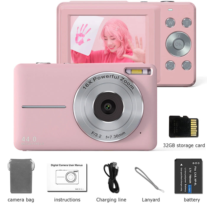 HD 1080P 2.4 Inch Digital Camera Rechargeable Cameras with 16X Zoom Compact Camera 44MP Cameras for Kids Beginner Camera