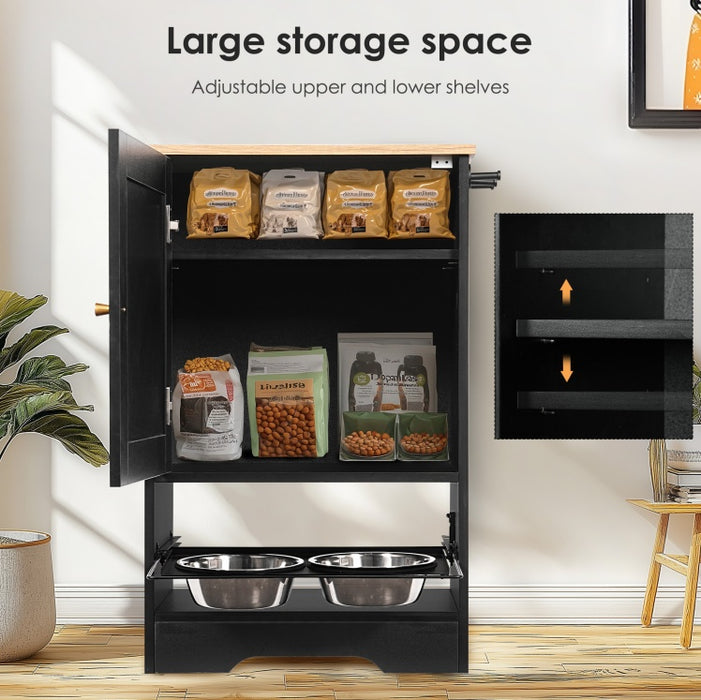 Feeding Station With 1 Locker, Pet Feeding Station With 2 Overhead Dog Bowls, Side Hooks, Anti-Tipping Kit, Concealed Pet Feeding Station For Feeding And Drinking, Black