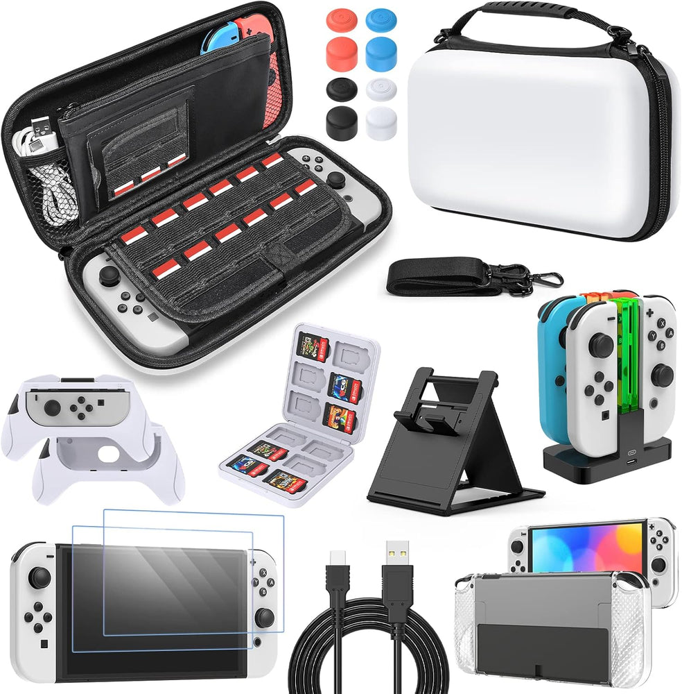All in 1 Accessories Kits for Switch OLED 2021 Model：Case & Screen Protector, Hand Grips & Racing Wheels for Joy Con, Controller Charger Dock, Carrying Case & More -White