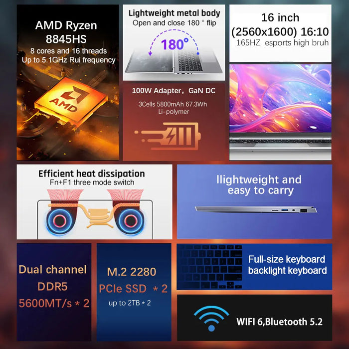 CRELANDER Laptop  Ryzen 8845HS Processor 8Cores 16 Thread 16 Inch LCD 2560*1600-165HZ DDR5 Notebook Computer Gaming Laptops