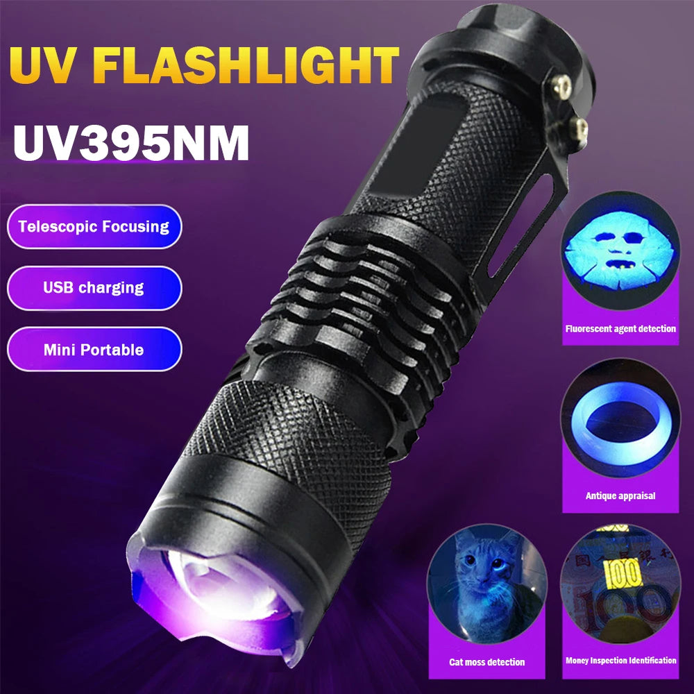 365/395Nm Mini LED UV Flashlight Ultraviolet Light Money Verification Lamp Pet Urine Stain Detector Tools Ultraviolet Torch