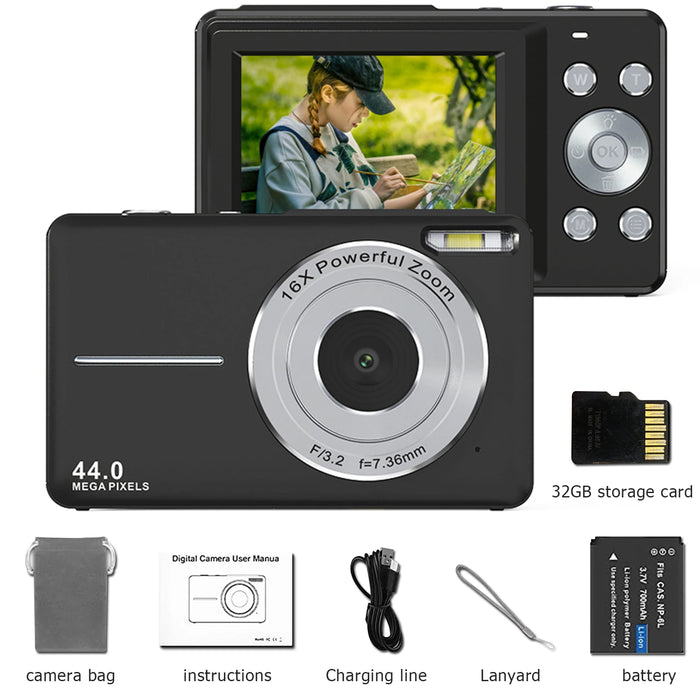 HD 1080P 2.4 Inch Digital Camera Rechargeable Cameras with 16X Zoom Compact Camera 44MP Cameras for Kids Beginner Camera