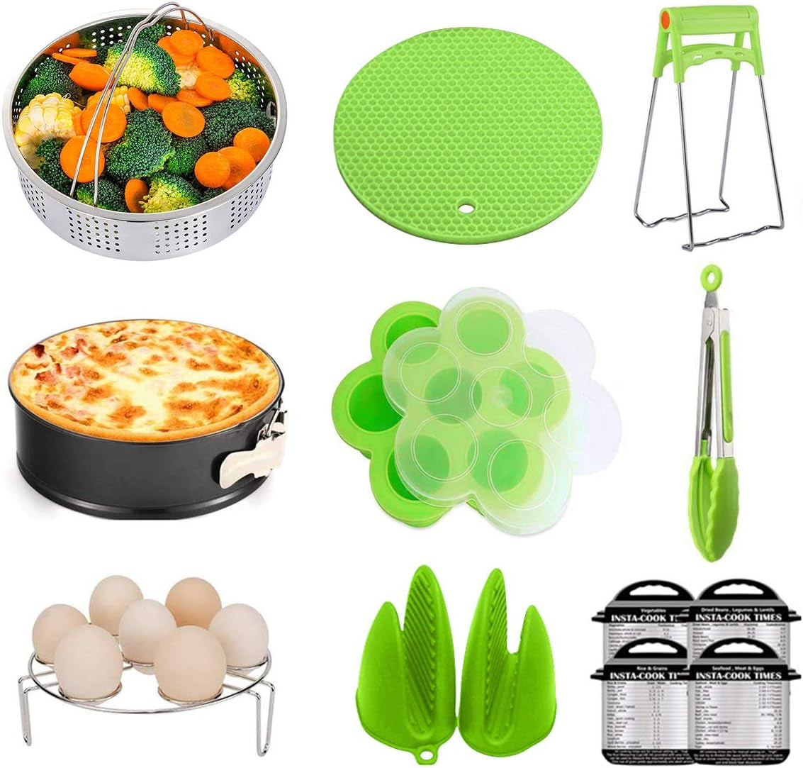 Accessories for Instant Pot 6 8 Qt, Steamer Basket, Springform Pan, Egg Steamer Rack, Egg Bites Mold, Dish Plate Clip, Kitchen Tong, Silicone Pad, Oven Mitts, Magnetic Cheat Sheets, Green