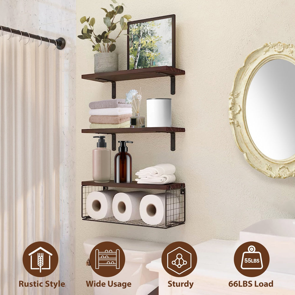 2 In 1 Floating Shelves Wall Mounted With Storage Basket Bathroom Shelves Over Toilet Wooden Shelves For Bedroom Living Room Kitchen Office Wall Decor Plants