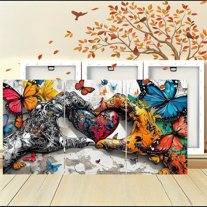 Framed 3pcs Graffiti Holding Hands Love Heart Canvas Wall Art Fashion Love Poster Painting Prints For Home Dining Room Living Room Wall Decor Artwork--Selling On Temu Is Prohibited