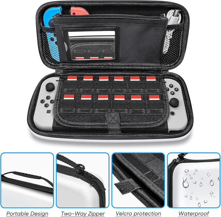 All in 1 Accessories Kits for Switch OLED 2021 Model：Case & Screen Protector, Hand Grips & Racing Wheels for Joy Con, Controller Charger Dock, Carrying Case & More -White