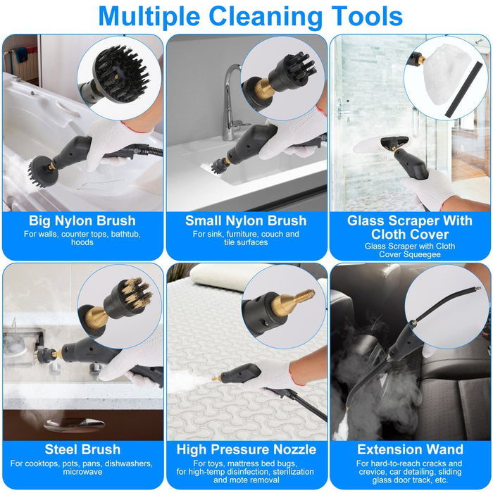 1Pc 2500W Handheld High Temperature And Pressure Steamer Cleaner With 1400ML Tank 9 Accessories 6 Steam Levels For Dirt Grease Grout Tile Floor Couch Car