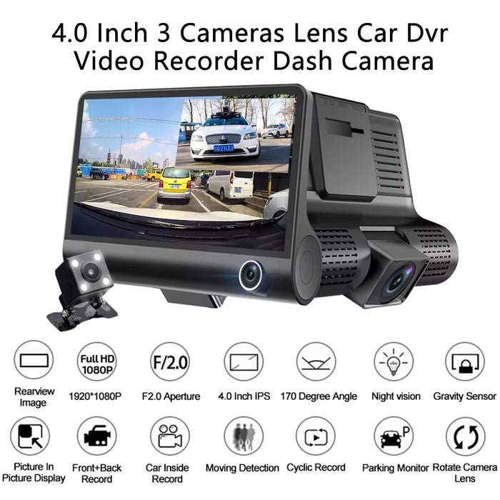 【Triple Lens System】4" 3-Channel Dash Cam - Front/Rear/Interior Car DVR with Night Vision, 24H Parking Mode, Loop Recording