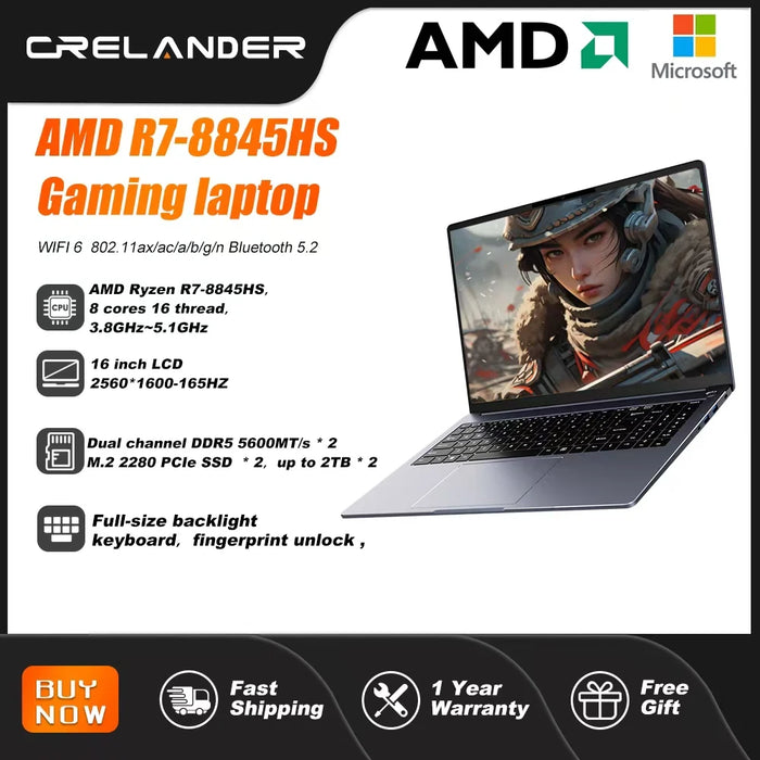 CRELANDER Laptop  Ryzen 8845HS Processor 8Cores 16 Thread 16 Inch LCD 2560*1600-165HZ DDR5 Notebook Computer Gaming Laptops