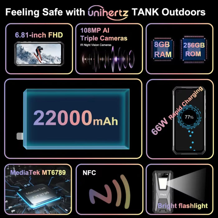 Global Unihertz Tank Rugged Phone 22000Mah 108MP Camera 8GB+256GB Mobile Phones 4G Android Smartphones
