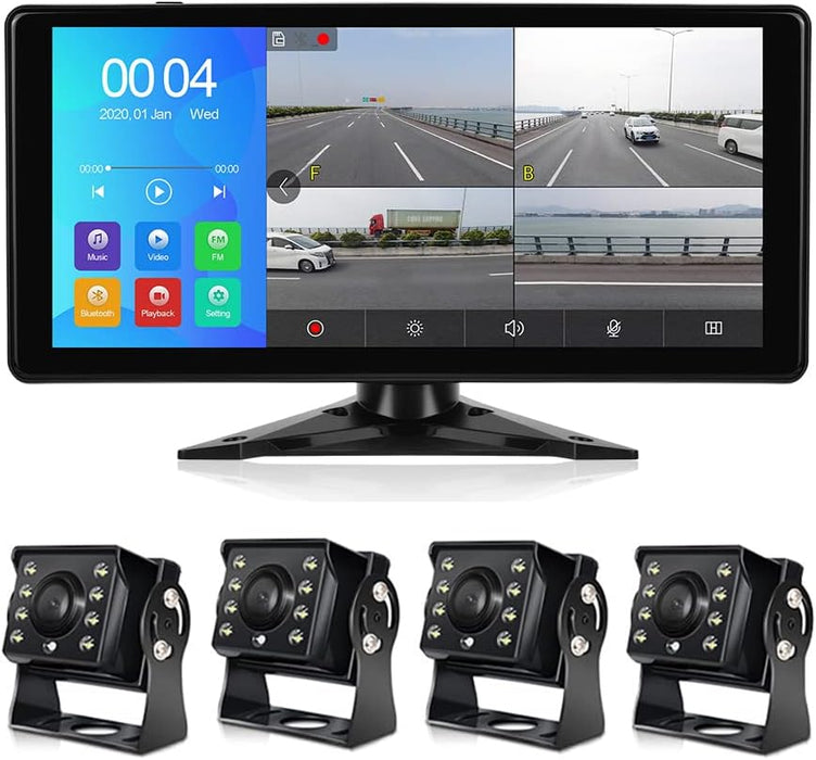 Car Backup Cameras System with 4K 10.36" Touch Screen Quad Display Monitor & 4Pcs 1080P Backup AHD Cameras, MP5 Player, Vehicle DVR Recorder for Rv/Truck/Bus/Trailer/Camper/Van