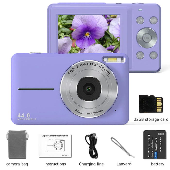 HD 1080P 2.4 Inch Digital Camera Rechargeable Cameras with 16X Zoom Compact Camera 44MP Cameras for Kids Beginner Camera